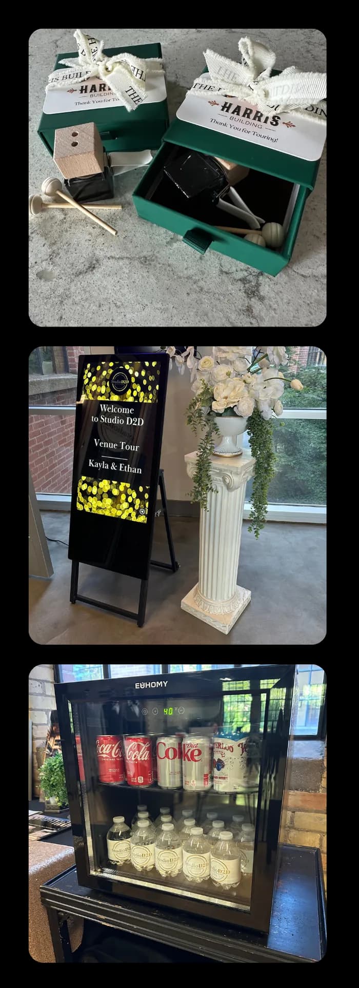 Real 5 Star Venue Method venues: Harris Building thank-you gift boxes, Studio D2D's welcome screen greeting a couple by name, and branded water bottles